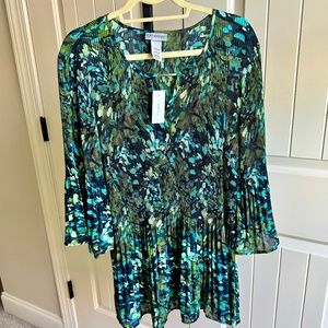 Catherines Plus Size Turquoise/Green/Navy Pleated Blouse 2x